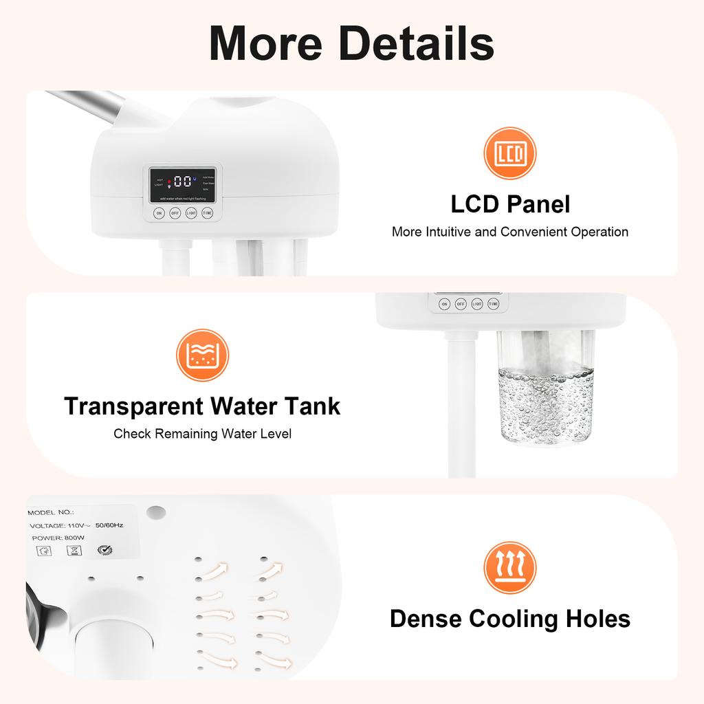 LCD Ozone Facial Steamer Height Adjustable Sprayer 360° Rotatable Movable Skin Care Equipment for Clean Skin, Beauty Salon, Spa
