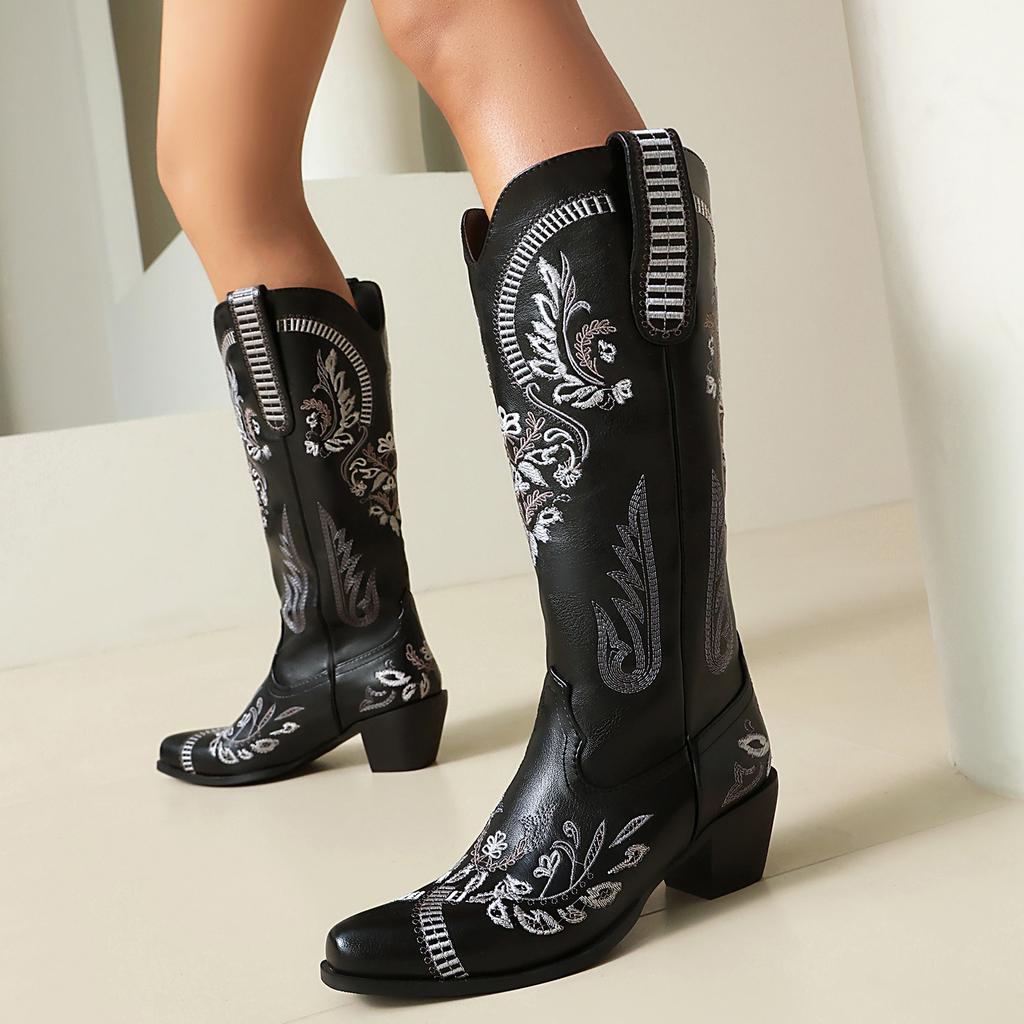 Western Cowboy Boots for Women Embroidered Knee High Cowgirl Tall Boots Chunky Heel Retro Shoes for a Sorority Social Event