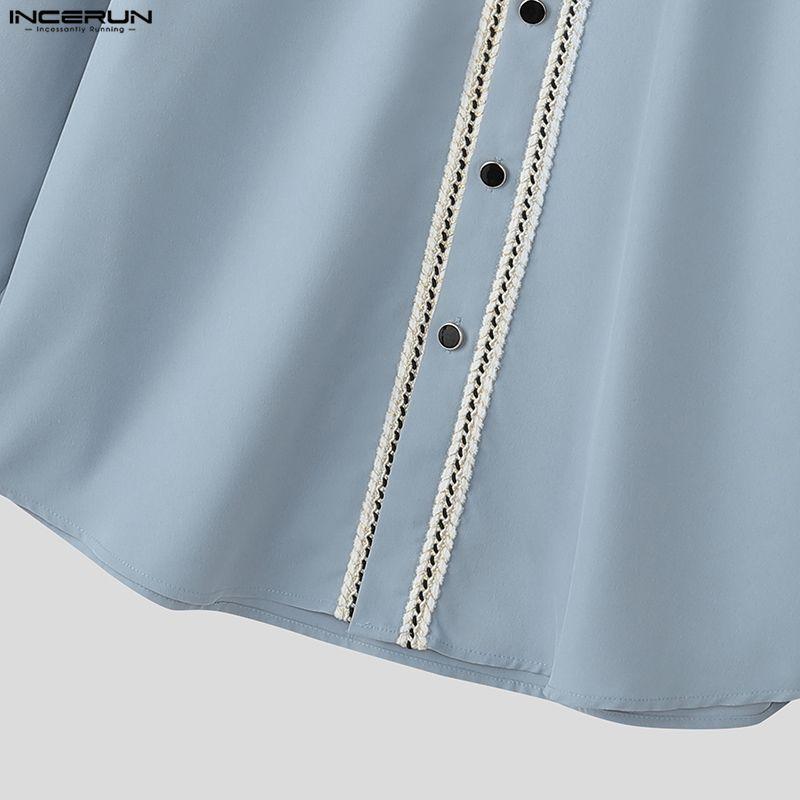 INCERUN Men Stand Neck Stitching Buttons Up Casual Long Sleeve Shirts