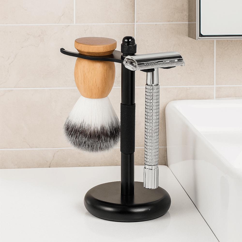 Alloy Construction Razor and Brush Stand Weighted Bottom Extra Wide Openings Shaving Brush Stand Safety Chrome Finish