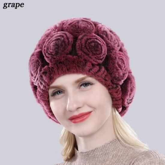New Arrival Flowers Real Fur Hats Winter Russian Women Natural Rex Rabbit Fur Caps Lady Genuine Rex Rabbit Fur Beanies Cap