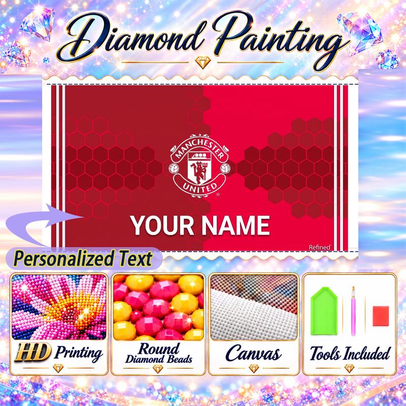 Manchester United FC 5D DIY Diamond Painting Custom Name Text, Full Drill Rhinestone Mosaic Art Home Gift