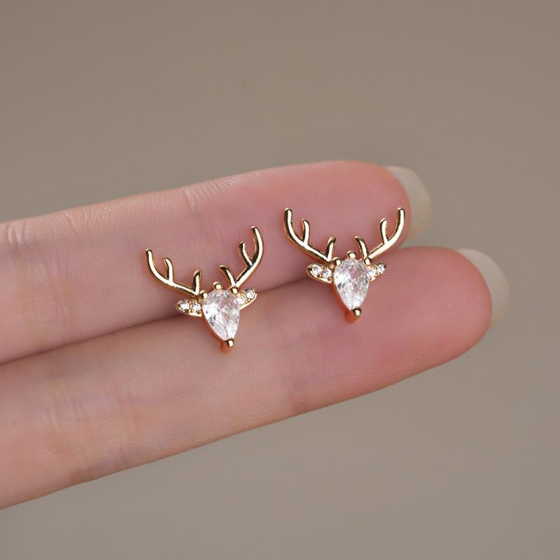 Exquisite Christmas Elk Stud Earrings Douyin New Christmas Wind Antlers, Slightly Inlaid With Water Droplets Zircon Earrings