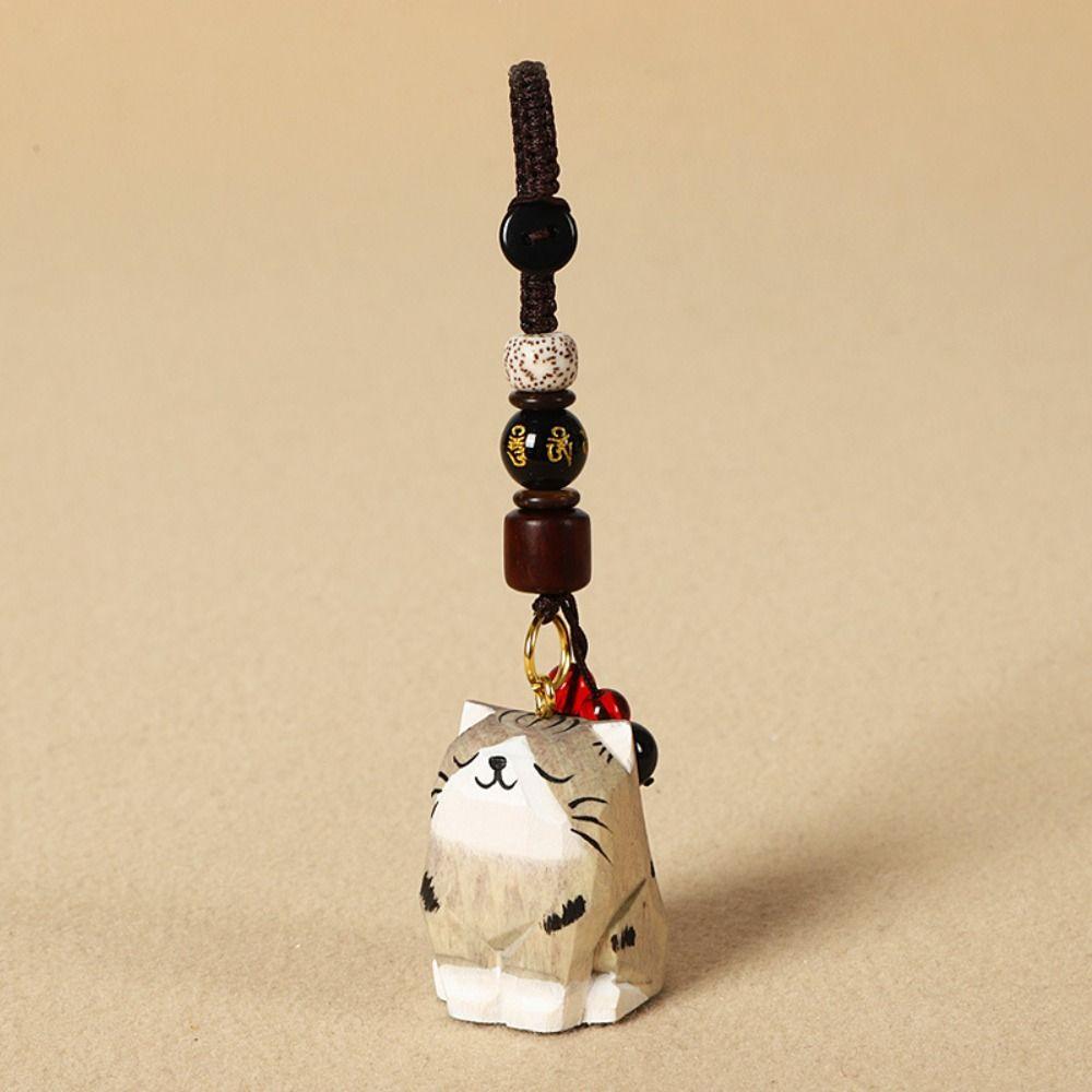 Weave Rope Wooden Carved Cat Keychain Beads Car Keyring Creative Wood Kitty Dolls Pendant  Students
