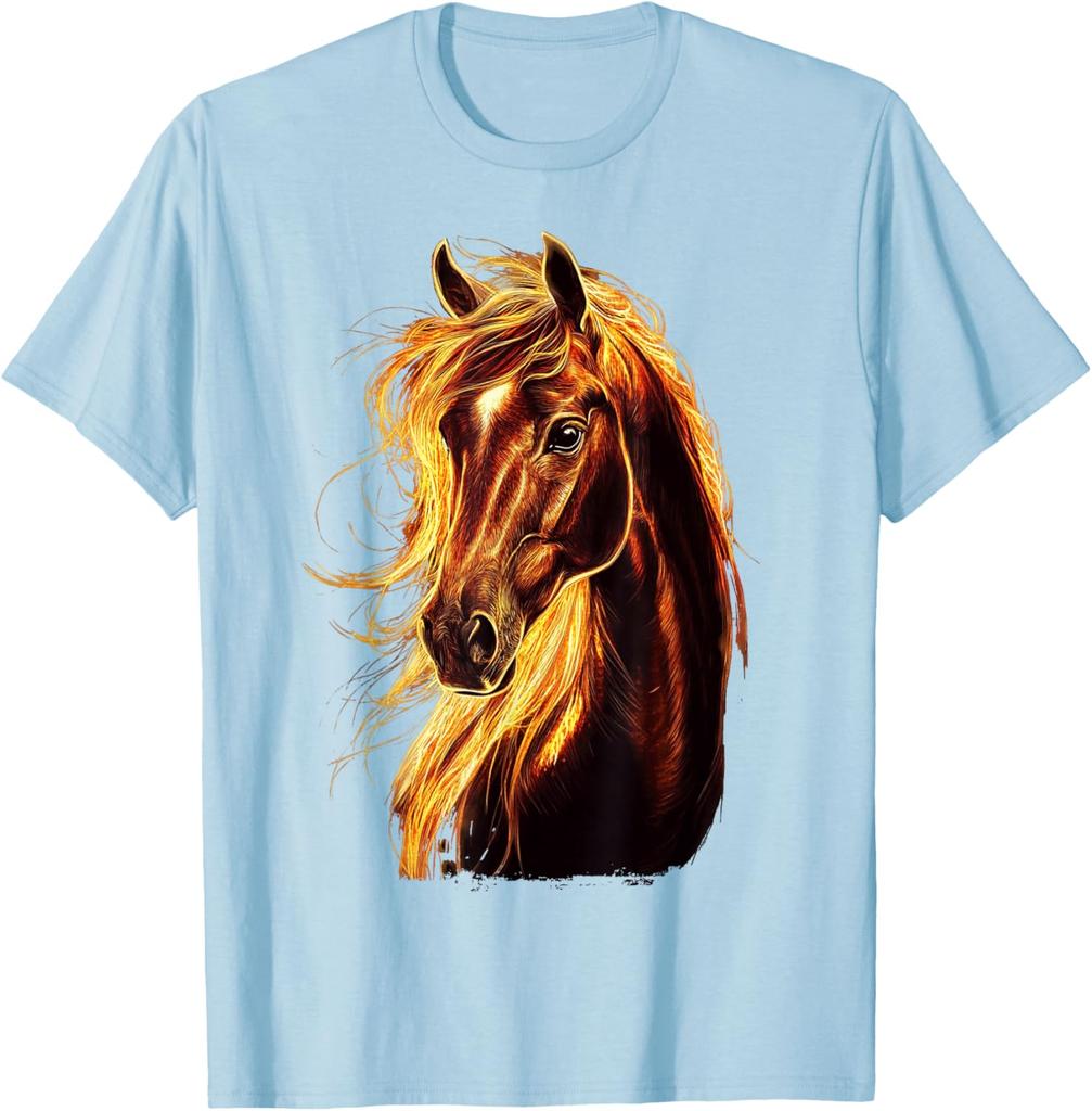 Feuriges Pferdekopf Grafik-T-Shirt Atmungsaktives Baumwoll-Kurzarm-T-Shirt für Reitsport-Liebhaber