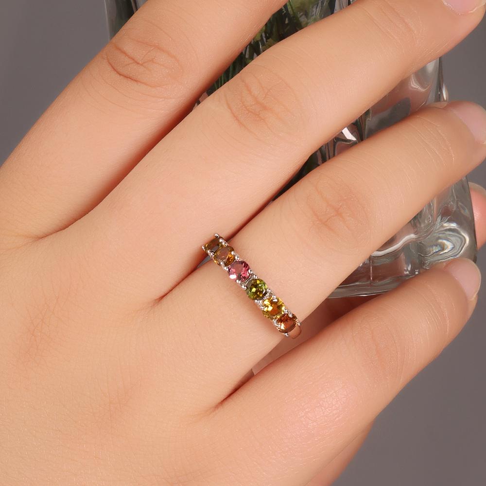 925 Sterling Silver Simple Band Ring with Round 4.0 Colorful Natural Tourmaline Gemstones Forever Elegant Design for Women