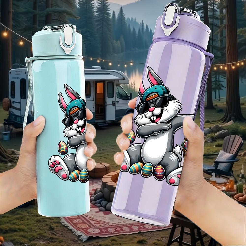1PC Cool Rabbit Street Graffiti Character Print 750ml Color Plastic Sports Water Bottle Leakproof Flip Straw Lid Suitable for Sports Office Home Use