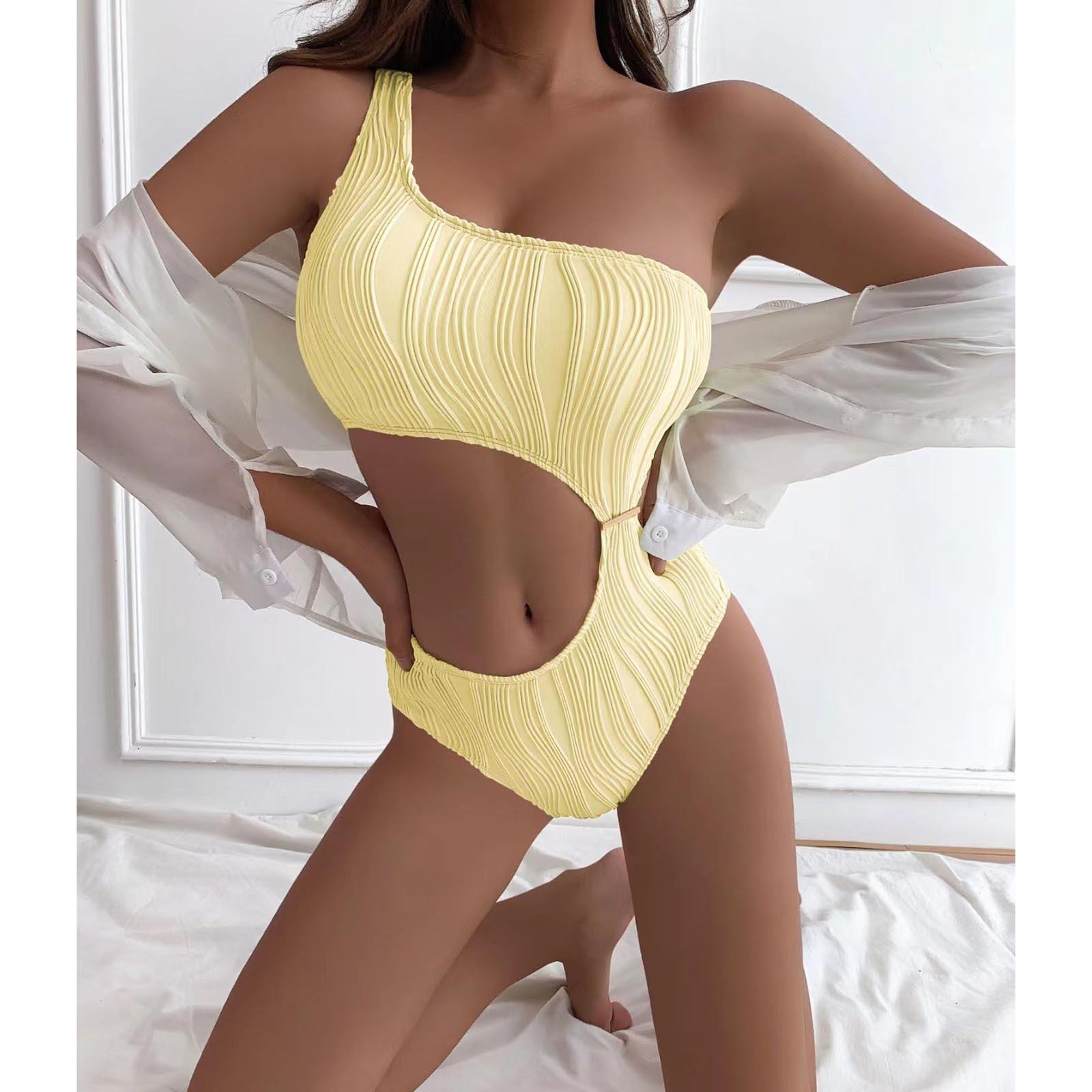 

Женский цельный купальник, сексуальный сплошной цвет, текстурированная ткань, сексуальный купальник на одно плечо M жёлтый