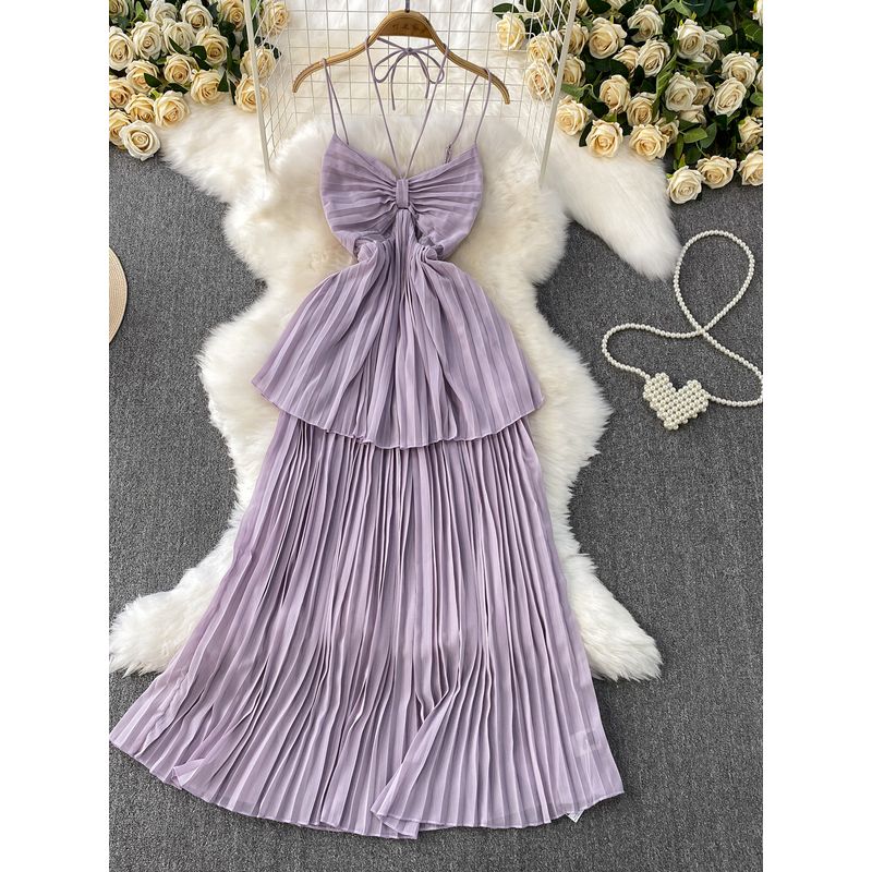 Vacation Sexy Hollow-out Bow V-neck Hanging Neck Sling Dress Women Summer Waist Hugging Slimming Pleated Cake Skirt