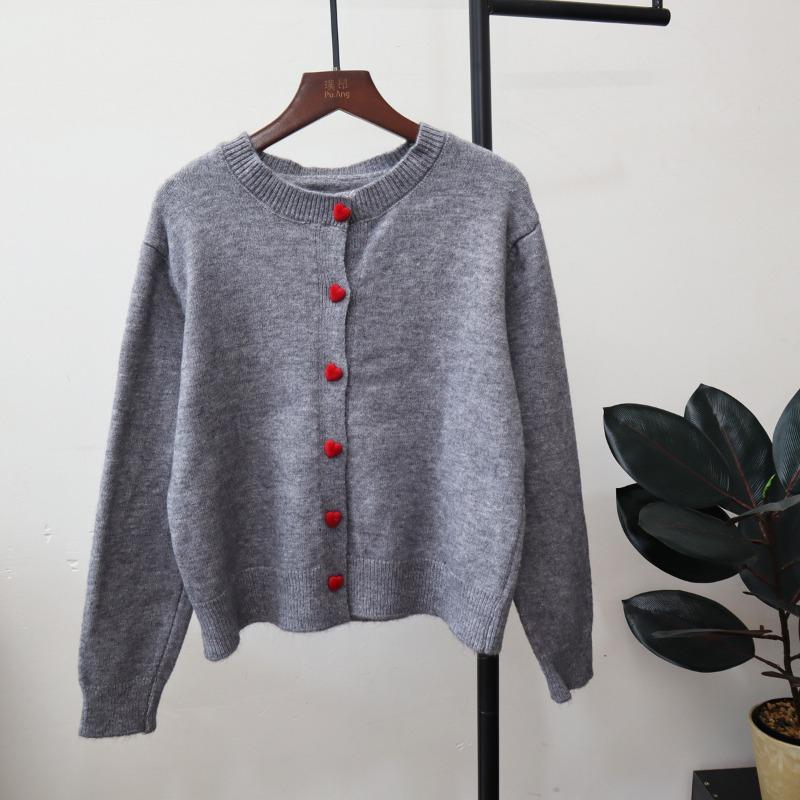 Autumn and Winter New Love Buckle Knitted Cardigan Round Neck Lazy Style Temperament Soft Waxy Sweater Jacket Women