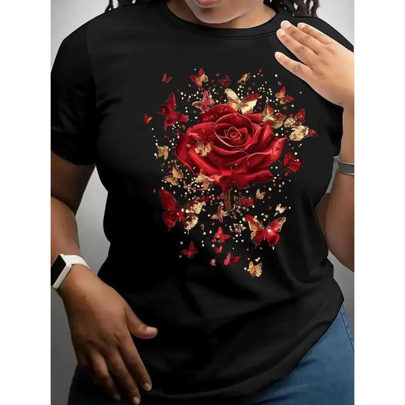 Red Rose Butterfly Graphic Floral Aesthetic Tee Black Unisex Gift Unisex T-Shirt XXXXL