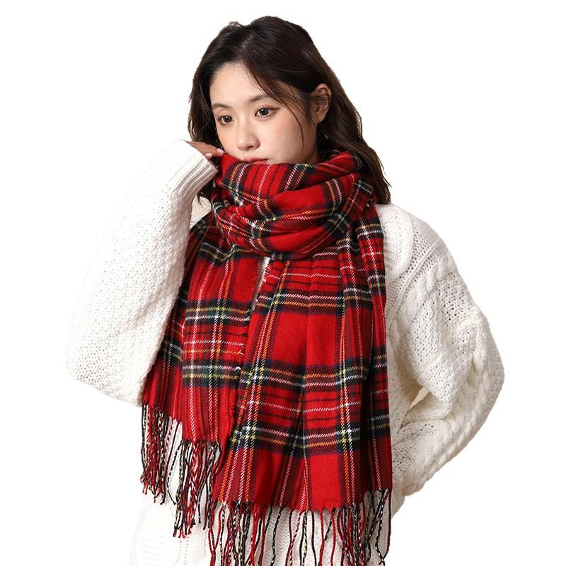 Plaid Scarf Girls Autumn and Winter Big Red Neck Protector Scarf with Big Shawl Cape Cape Dual-purpose College Style