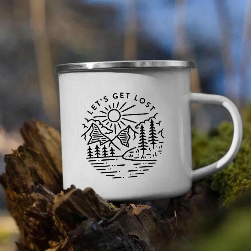 Stampa 'Le Montagne Aspettano' Tazza Smaltata Creativa Campeggio Caffè Tè Acqua Latte Tazze Manico Bicchiere Vacanza Escursionismo Regalo