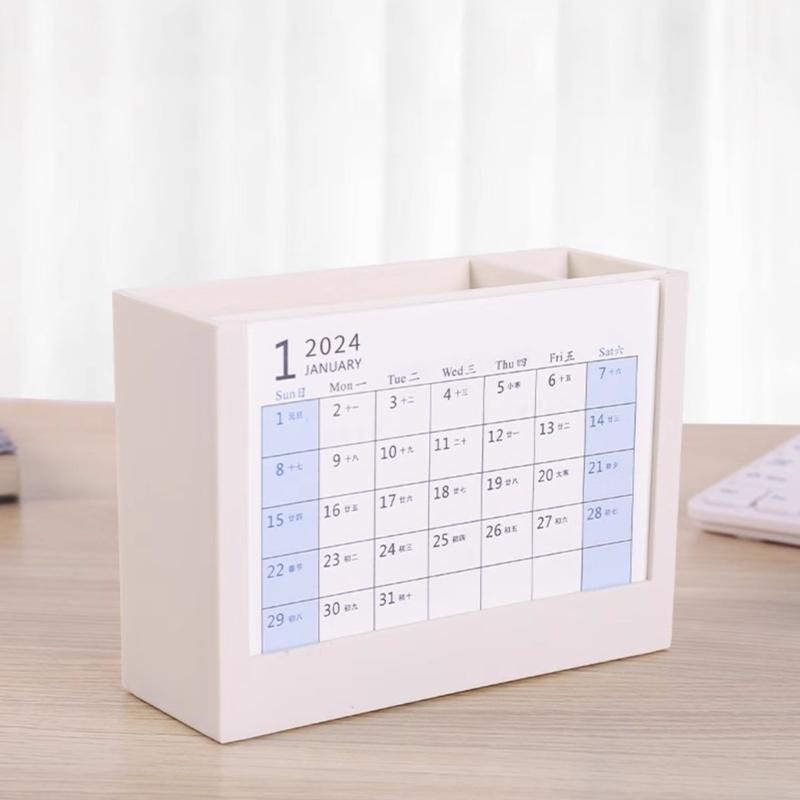 Multifunctional Desk Pencil Holder with 2024 Monthly Calendar, Office Desktop Organizer Pen Holder for Student Teacher