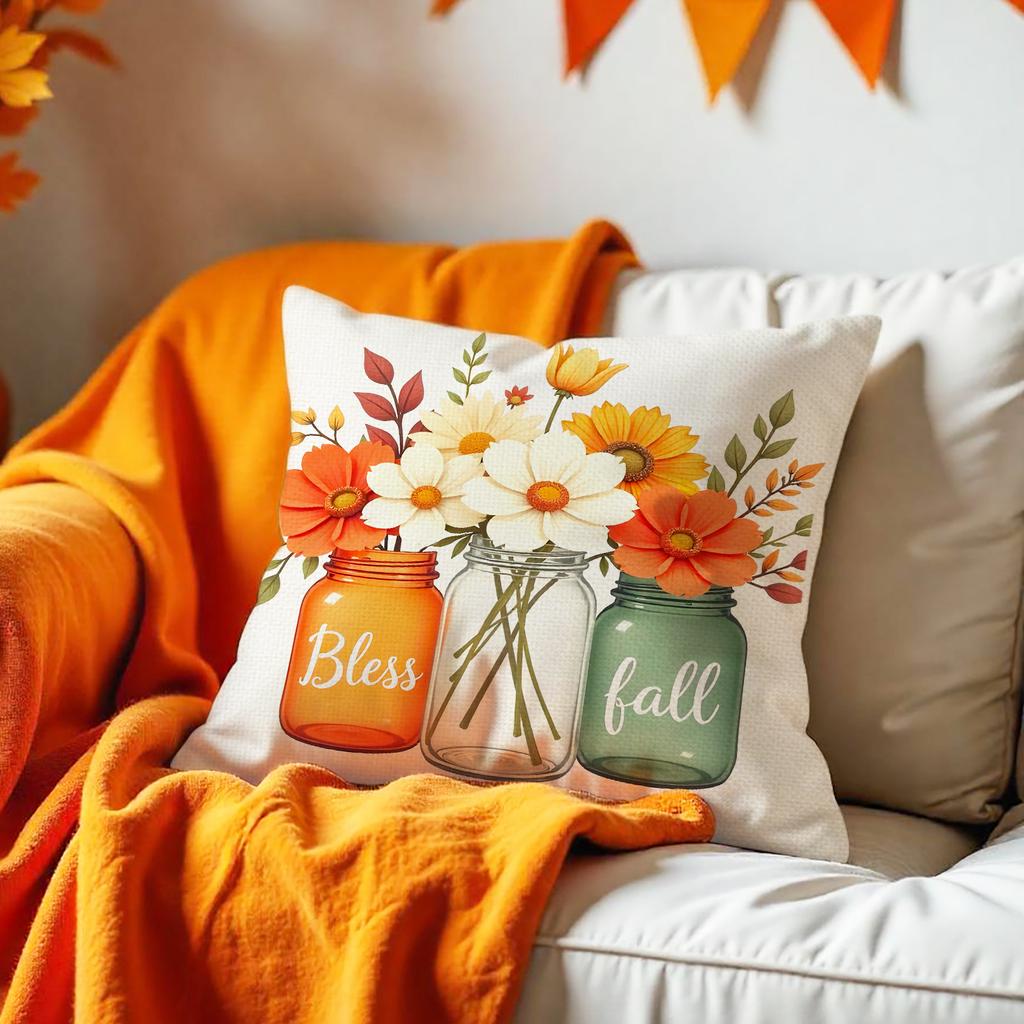 Thanksgiving Pillowcase Harvest Season Pumpkin Maple Leaf Print Linen Cushion Bedroom Sofa Car Cushion Cover