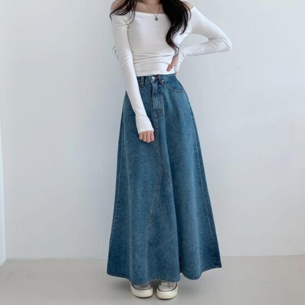 Mizqz Back Banding High Waist Denim Cut Flare Maxi Long Skirt