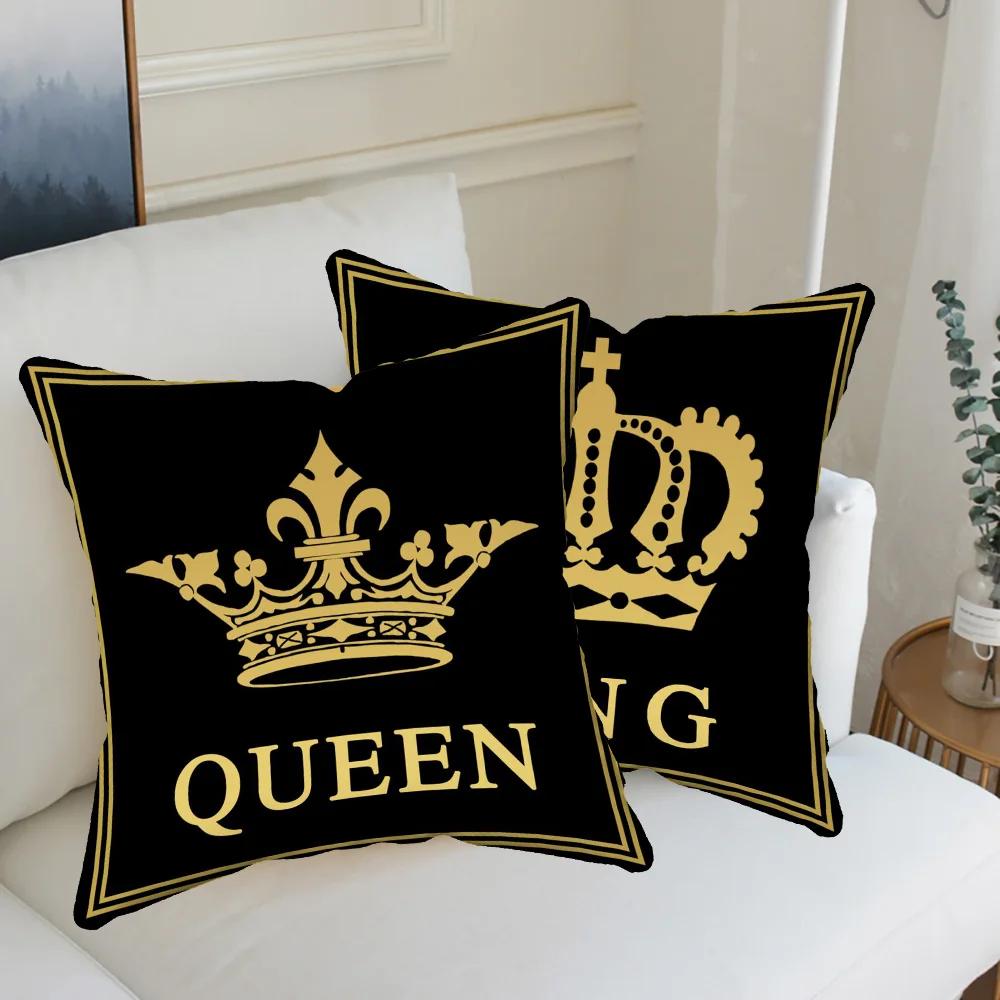 Negro Y Dorado Rey Y Reina Letra Cuadrado Decoración Hogar Oficina Funda De Almohada Cojín Almohada Suave Y No Destiñe