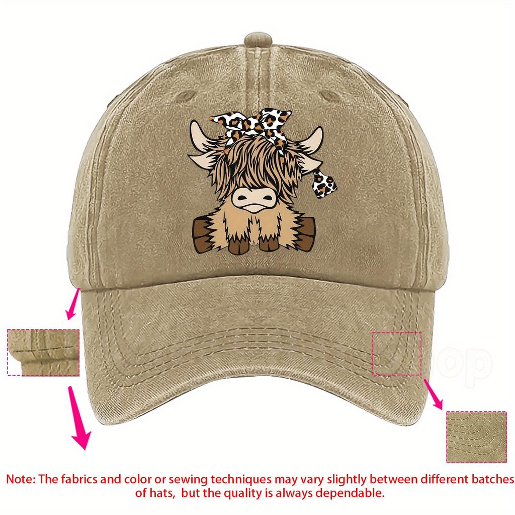 Süße Hochlandkuh Leopardenmuster Baseballkappe Lässig Verstellbar Polyester Sonnenschutz Outdoor-Kappe