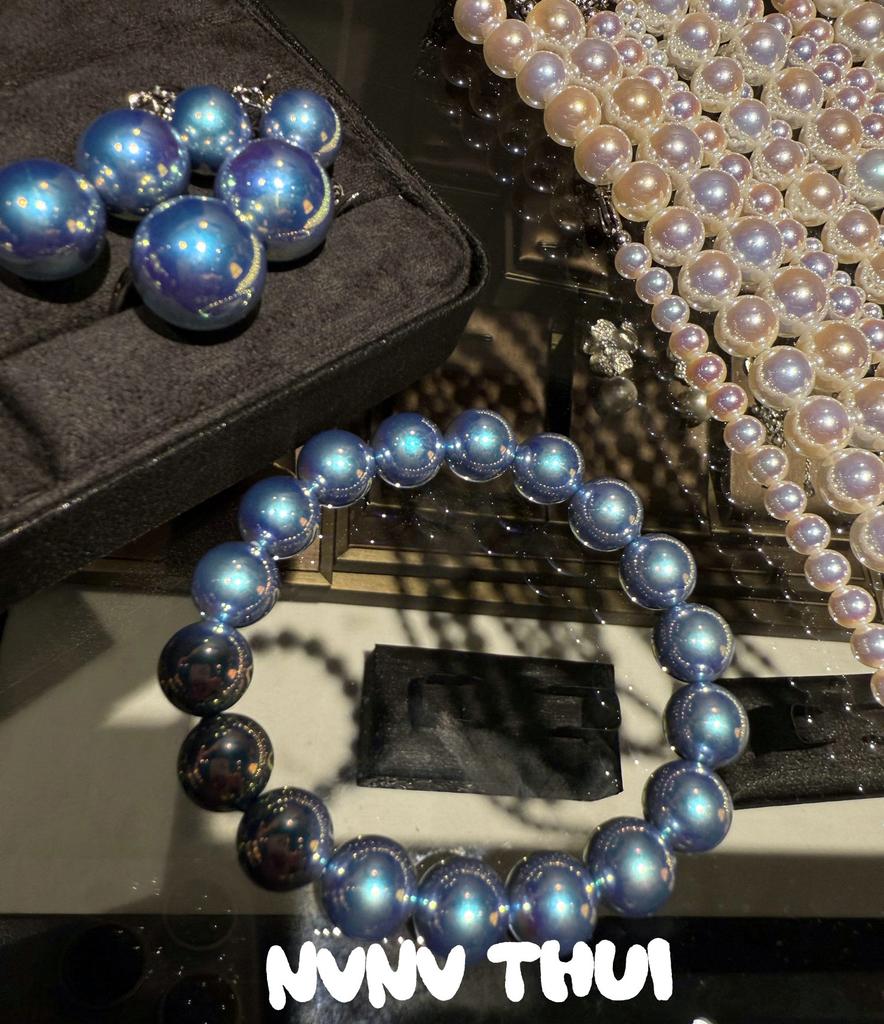 Blues Baroque, Silver Blue Rose Pearl Necklace, Comparable To Japanese Seawater Pearls Old Money Collarbone Chain, Bracelet