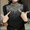 Elegant Rhinestone Long-Sleeve Women's Top - Autumn/Winter Base Layer with Half-High Neck