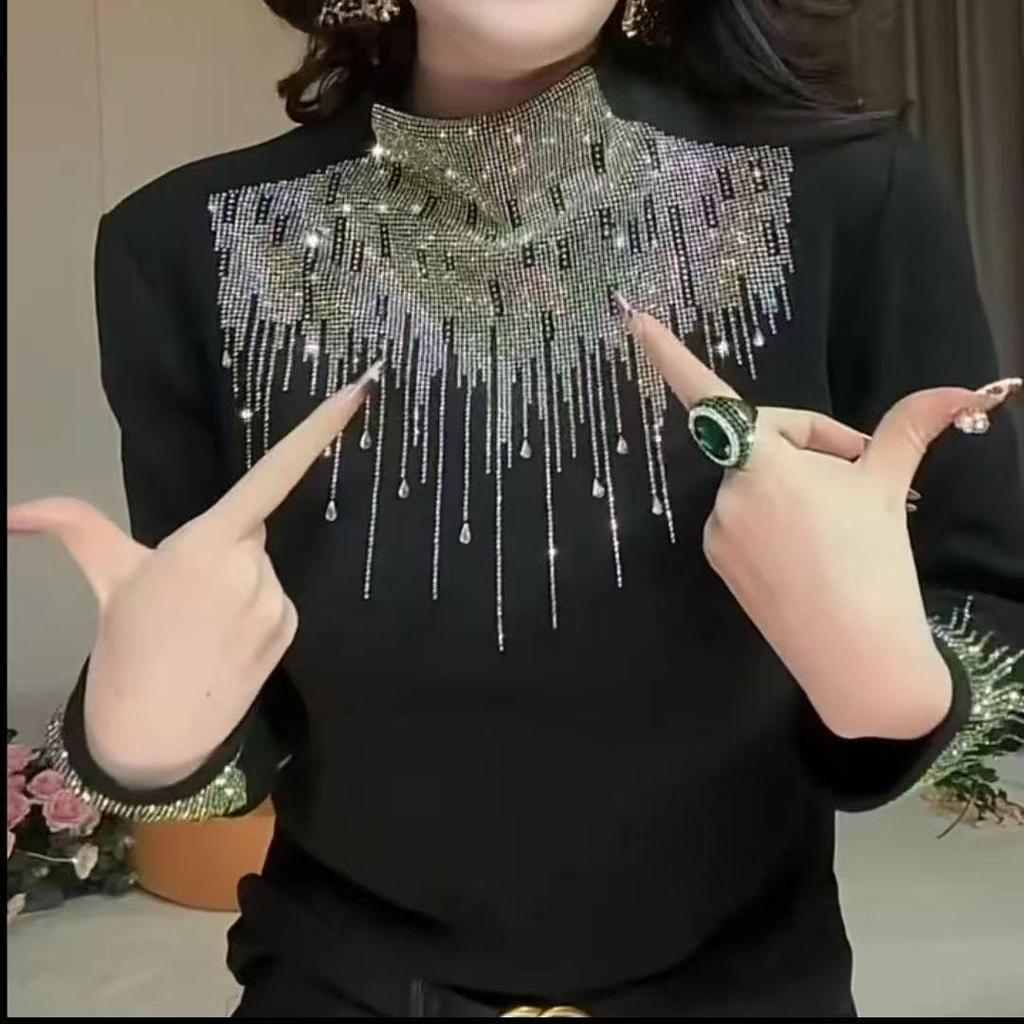Elegant Rhinestone Long-Sleeve Women's Top - Autumn/Winter Base Layer with Half-High Neck