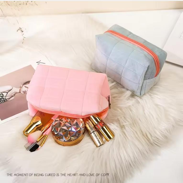 Cute Soft Plush Small Cosmetic Bag Portable Travel Pouch Solid Color Zipper Toiletry Storage Organizer for Women Makeup