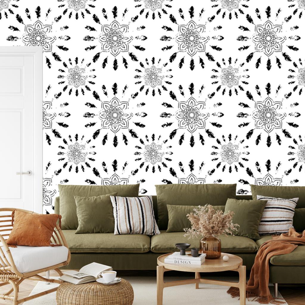 Black and white Indian pattern wallpaper for living room and bedroom 50x1000