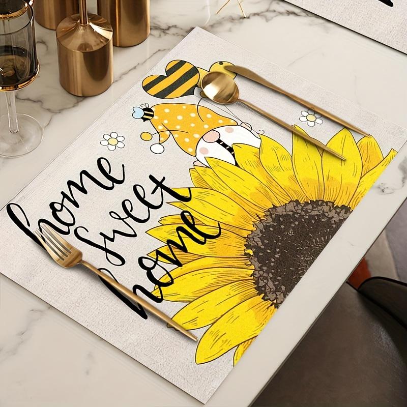 4PC Spring Sunflower Floral Pattern Festive Placemats, Home Dining Table Mats Set, "Sweet As Can Bee" & "Hello Sunshine" Design