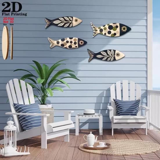 4Pcs Wooden Fish Wall Decor, Rustic Farmhouse Ocean Fish Wall Art, Vintage Beach Nautical Coastal Theme Fish Decor for Home Lake Ocean Bathroom