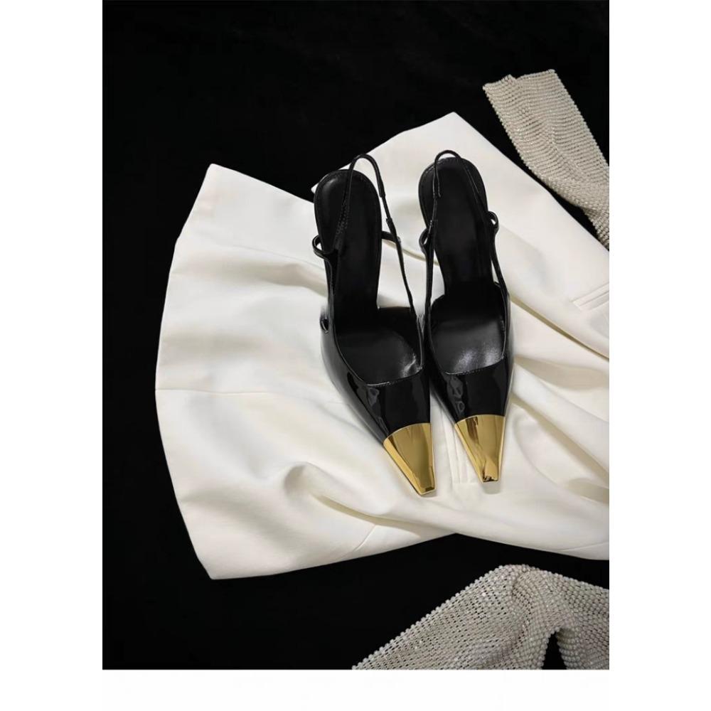 Damskie Sandały na Wysokim Obcasie Projektanta Letnie Nowe Metalowy Kwadratowy Nosek Lakierowana Skóra Czarne Szpilki Seksowne Party Sandały z Paskiem na Pięcie