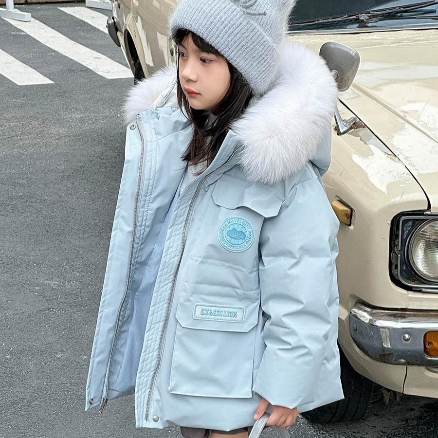 

Зимняя куртка для девочек, пуховое пальто длиной до колена, детская парка, теплая верхняя одежда 120cm светло-синий