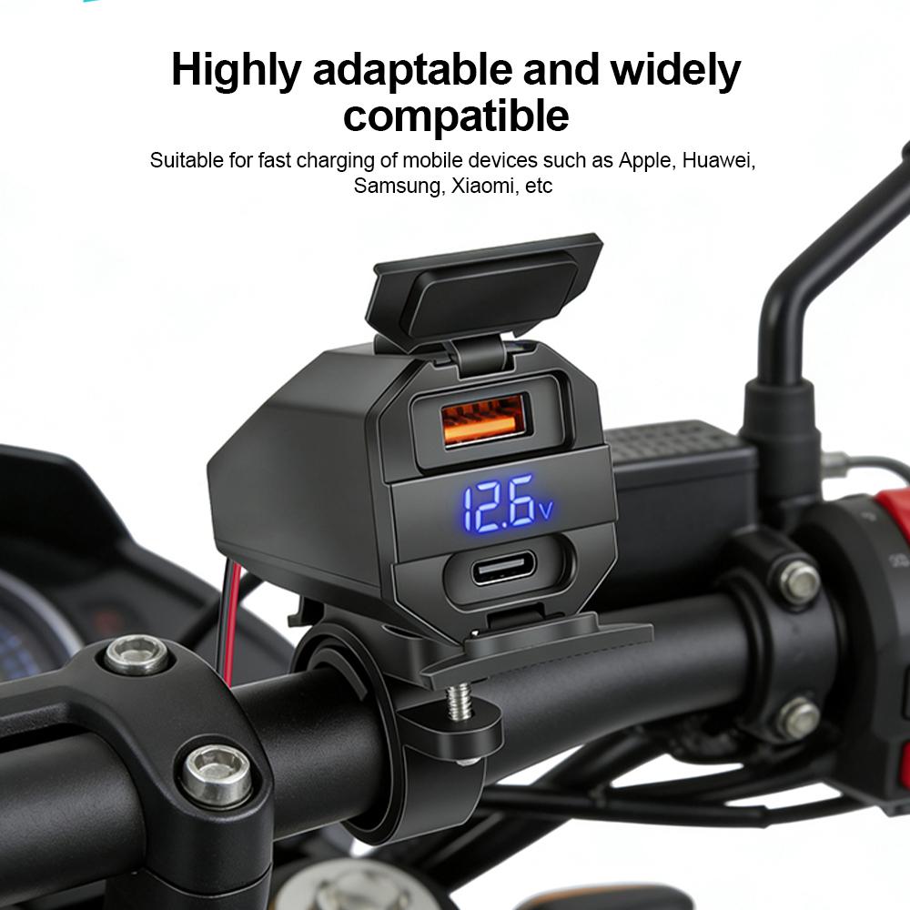 Motorcycle USB C Charger 100W Super Fast Emergency Two-Way Charging Moto Battery Charger & Voltmeter 2 Ways Installation