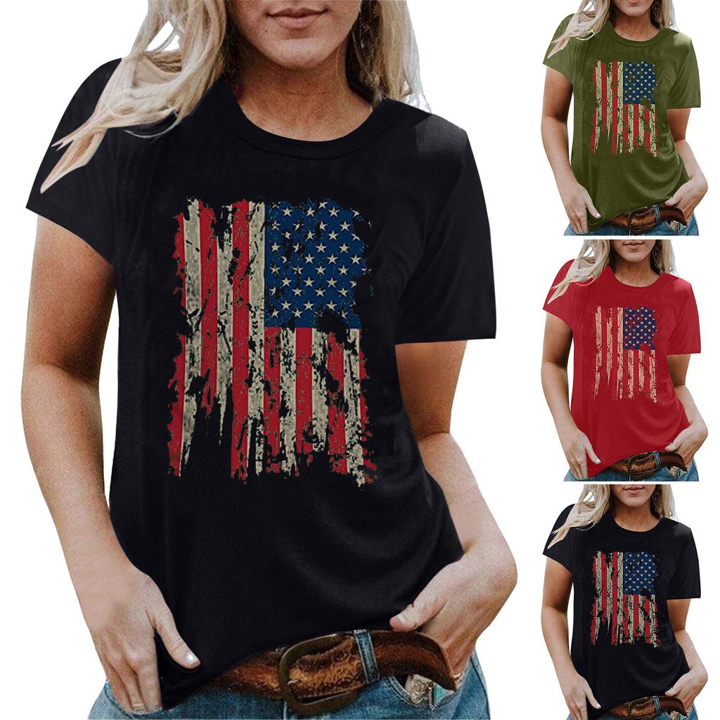 Real Shot Amazon Independence Station Cross-border European, American Independence Day Printed Short Sleeve Top Women's Summer Outer Bottom Shirt
