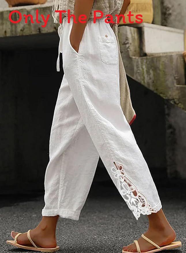 Casual Cotton Pants With Lace Patchwork And High Waist For Womens Fall Fashion