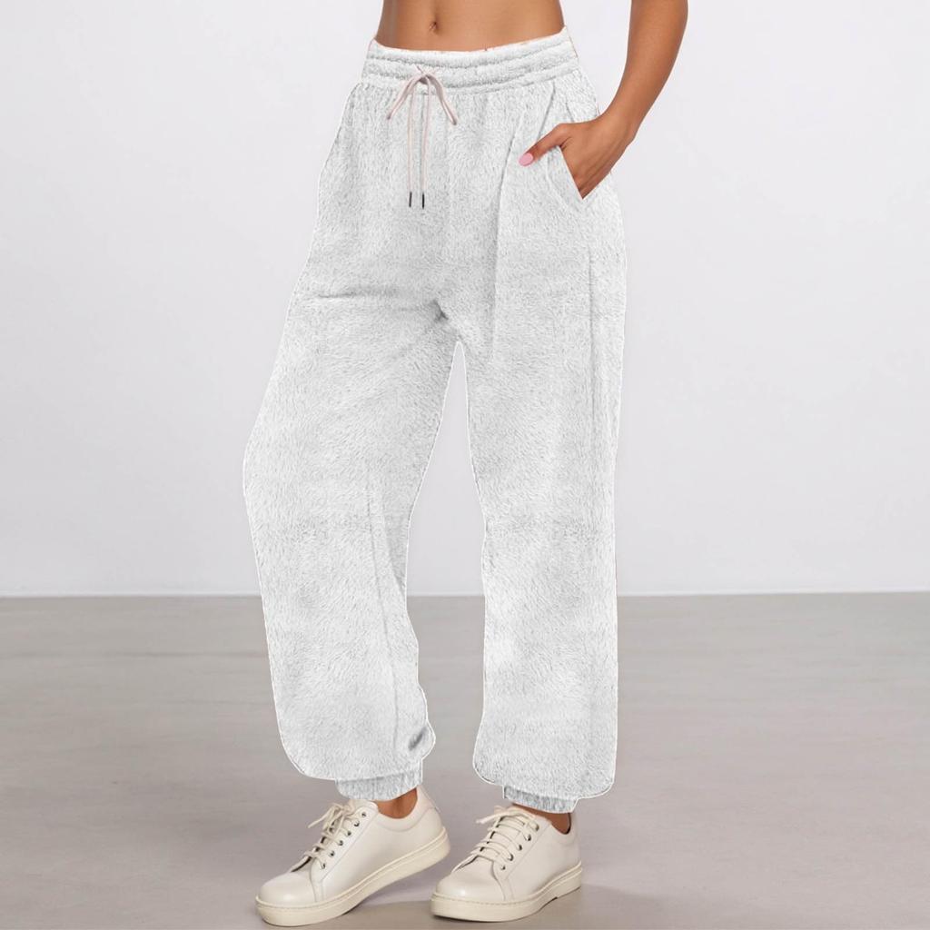 Women's Fashionable Solid Color Pocket Drawstring Elastic Waist Plush Casual Pants