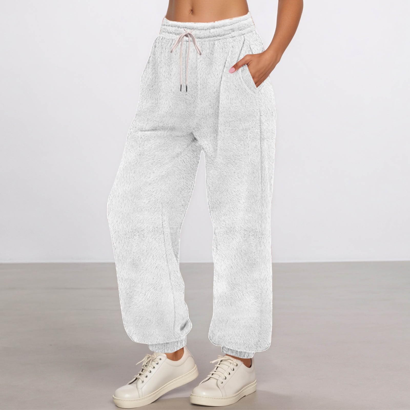 

Женские модные однотонные плюшевые повседневные брюки с карманами, кулиской и эластичной талией XL белый