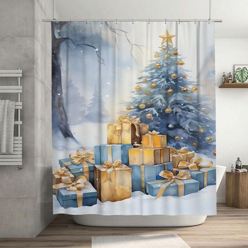 

Tuniu Charming Blue Gift Box Winter Forest Shower Curtain Waterproof Festive Holiday Decor Bathroom Set Cute Woodland Nature Bac W60H190(CM)-1 Pcs