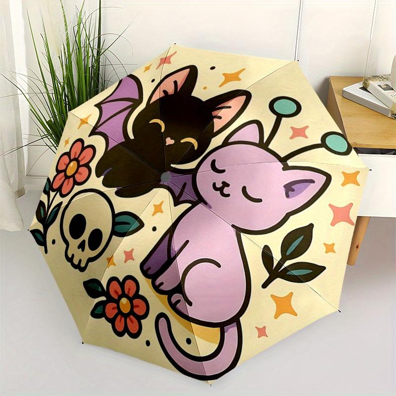 

1pc Bat and Cat Cute Cartoon Design Pattern Automatic Umbrella is Fashionable and Good-Looking, a Portable 3-Fold Umbrella, Suitable for Travel and Da