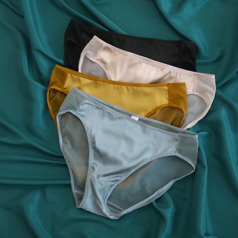 Tangge Silk Women's Mid-Waist Satin Panties with Lace and Breathable Mesh