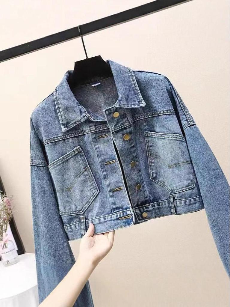 2025 Autumn Women's Korean Style Loose Batwing Sleeve Cropped Denim Jacket