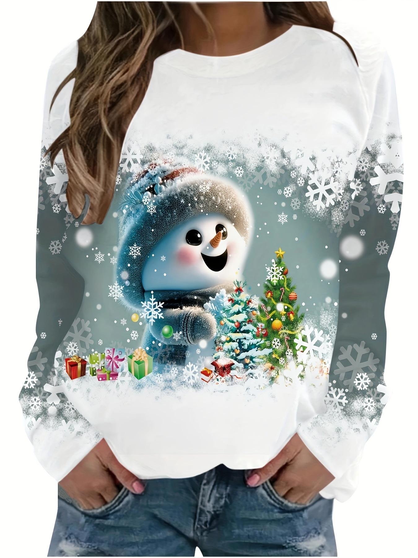 

Women s elegant Christmas tree printed long-sleeved T-shirt top - black and white snowflake design with golden holiday pattern XL