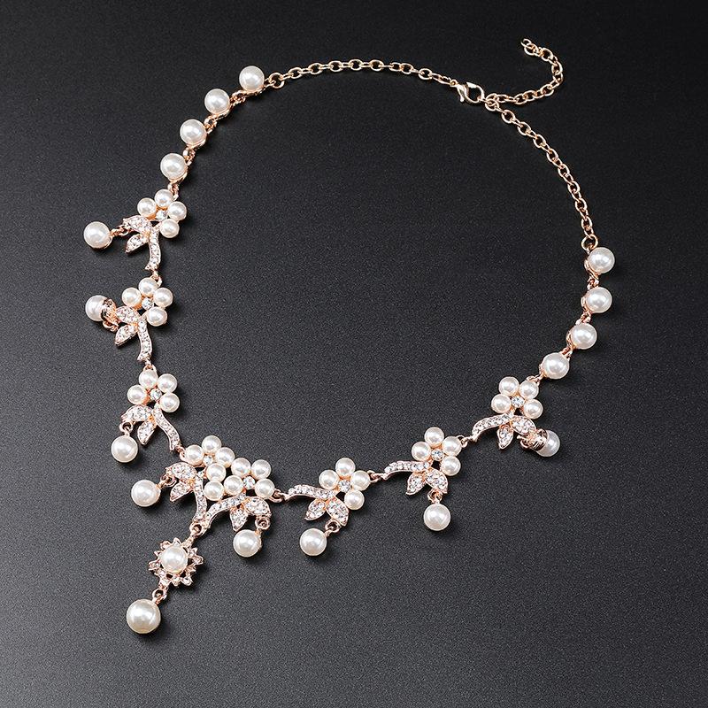 Branch Shaped Simulation Pearl Necklace Earrings Set Ethnic Retro Jewelry Bride Dress Accessories