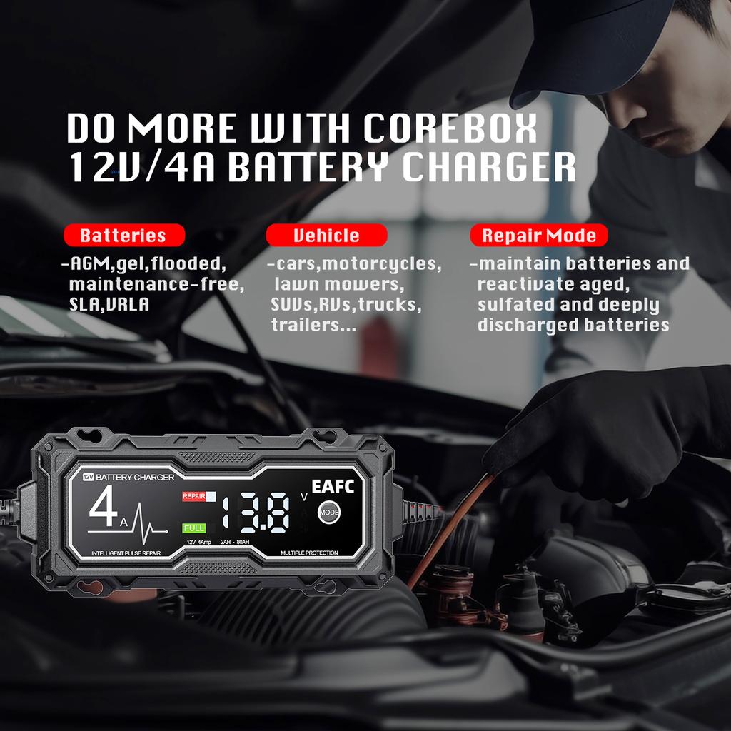 Încărcător rapid pentru baterie auto și motocicletă de 12V și 4A, linie de 2m, încărcător de reparare cu impulsuri LCD pentru baterie cu ciclu profund cu gel și plumb AGM