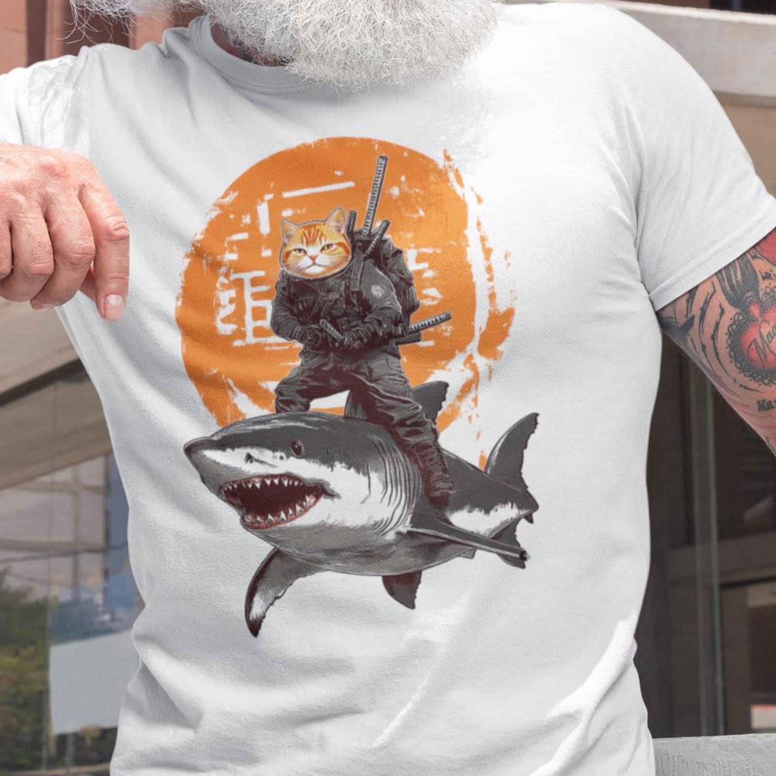 Funny Ninja Cat Riding Shark T-Shirt – Warrior Samurai Cat Tee, Humor Animal Gra XL
