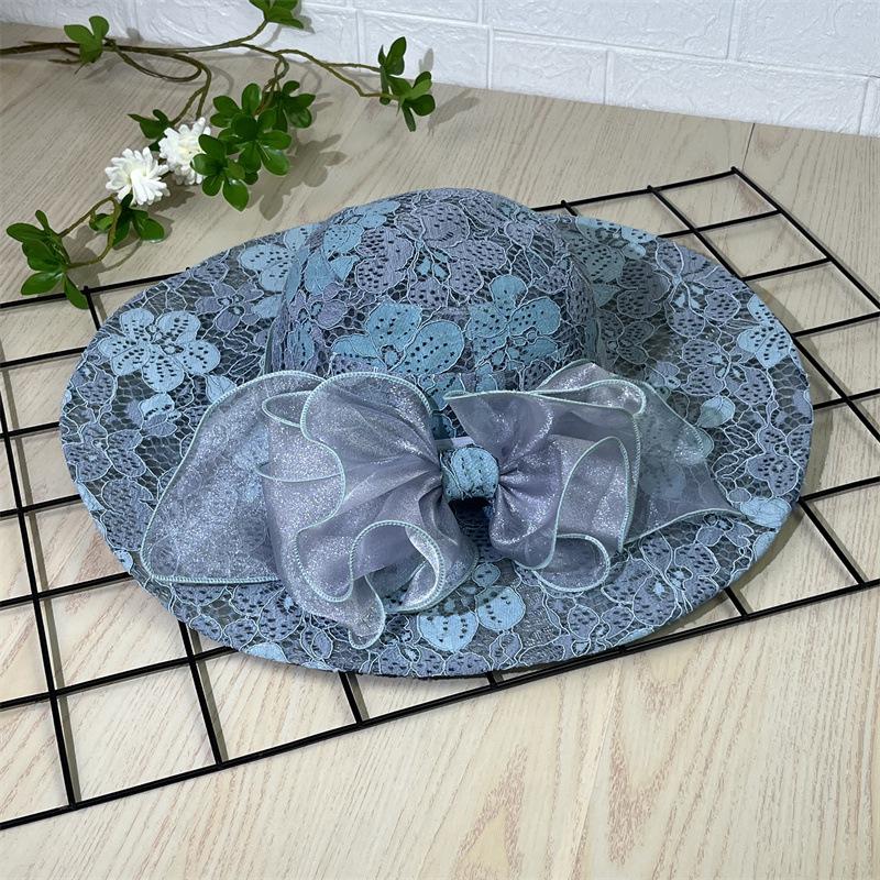 

French lace large brim sunscreen hat sun hat European and American fashion foldable beach sun hat cover face cool hat M（56-58cm） Темно-синій
