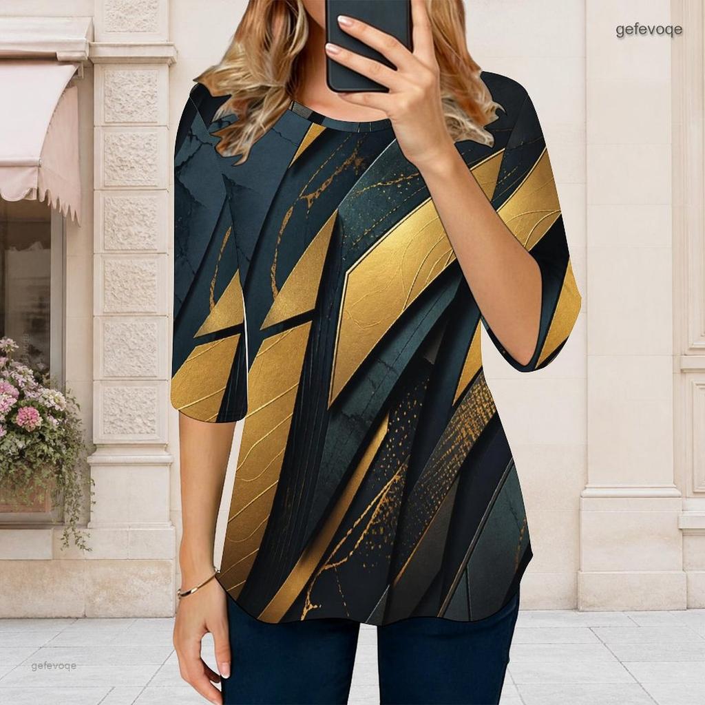 Women Plus Size Round Neck Three Quarter Sleeve Abstract Printed Off White T Shirt