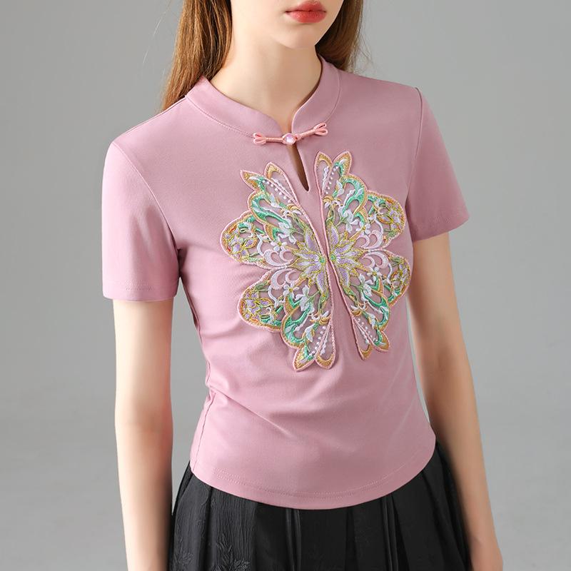 

Новый китайский стиль китайский стиль застегивающийся топ для женщин летом новая женская ретро вышитая застегивающаяся на плечо футболка с короткими рукавами 3XL