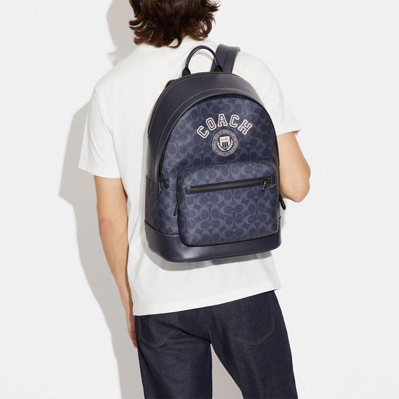 COACH West 32 Classic Old Flower Print Zipper Artificial Leather Backpack Backpack Large Men's Denim Blue and Chalk White