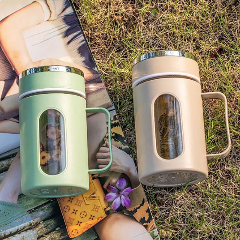 1Pieces Double Insulated Handle Glass Teacup Office Tea Cup With Handle Coffee Cup With Lid Tumbler Outdoor tableware