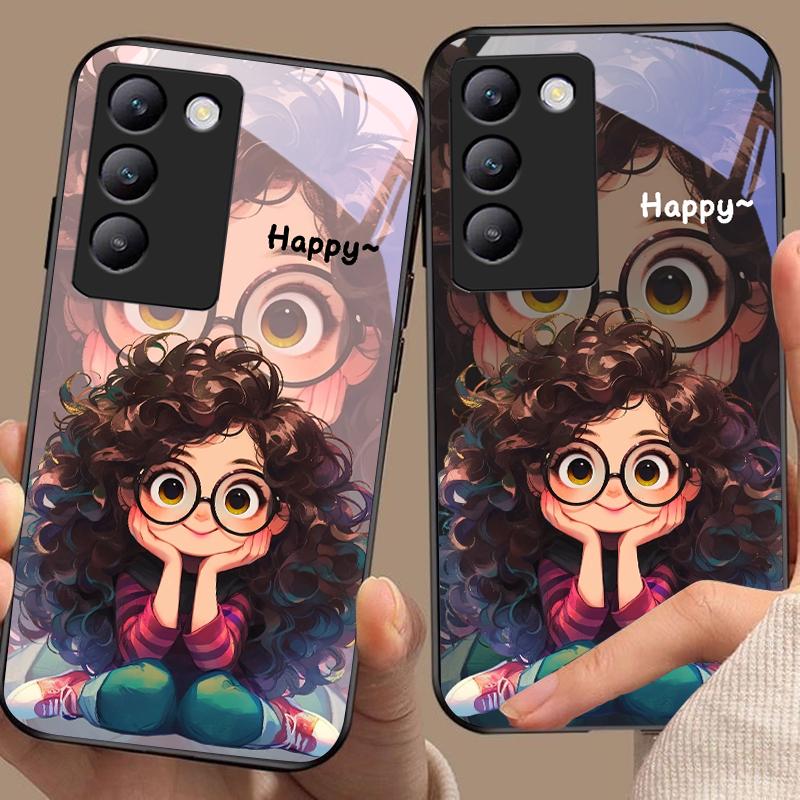 Mädchen mit lockigen Haaren Für Y72 33S 11 03 36 96 Lite 35 16 Iqoo 12 V40 SE 5G 29 40 21 30 X80 Pro Vivo Gehärtetes Glas Handyhülle Schwarz